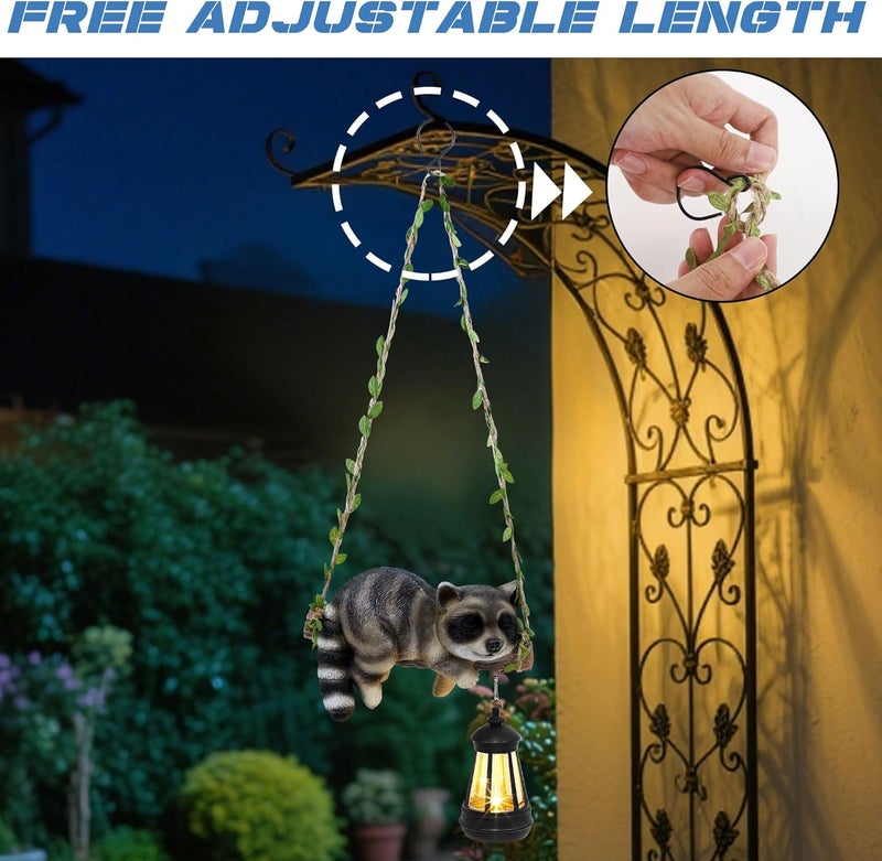 ZaaYee Solar Lighted Garden Outdoor Statue, 20.1" H Hanging Swing Lying with A Sleeping Raccoon and A LED Lantern, Resin Animal Figurine Hanging Ornaments with Hook for Decoration & Gift - Image 5